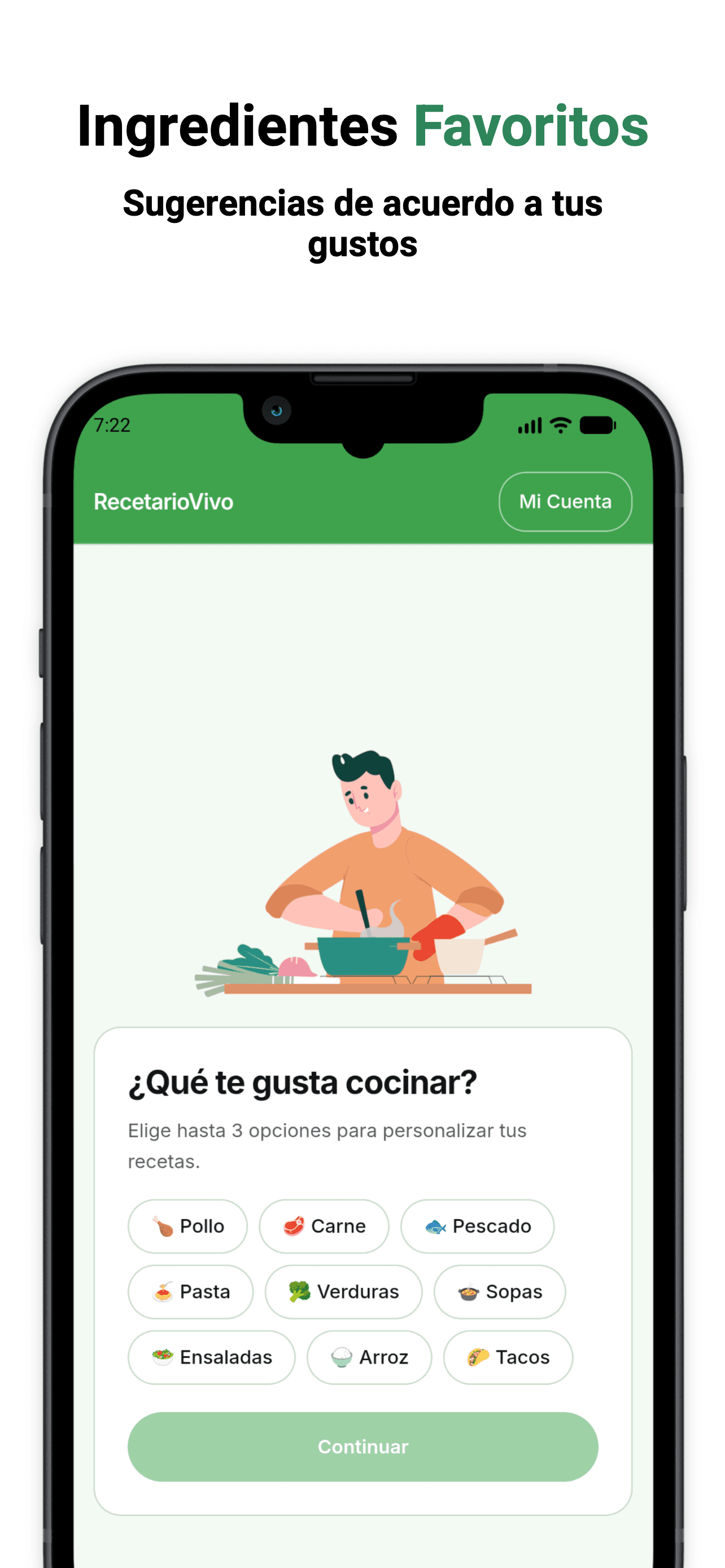 Onboarding de RecetarioVivo: elige tus ingredientes favoritos para personalizar sugerencias.