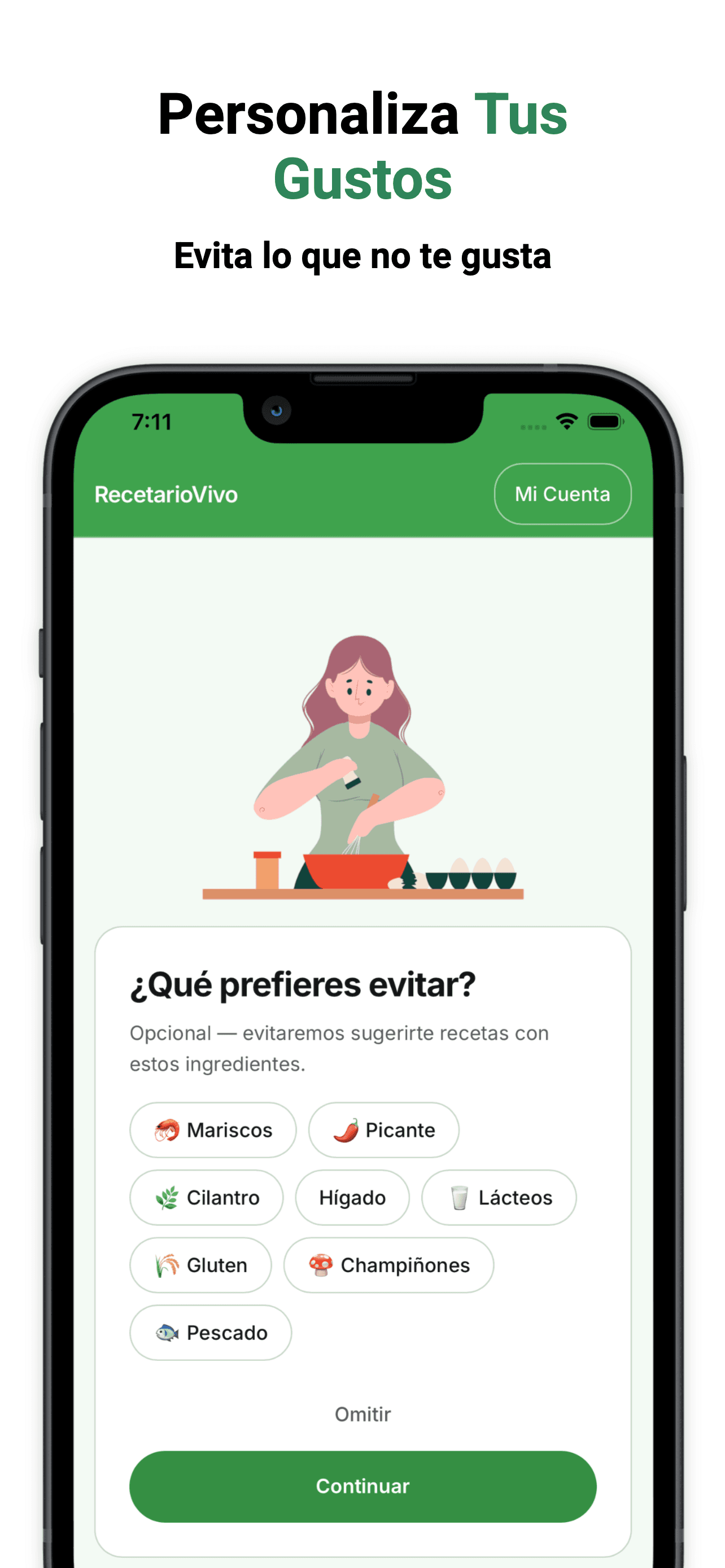 Onboarding de RecetarioVivo: indica ingredientes que prefieres evitar.