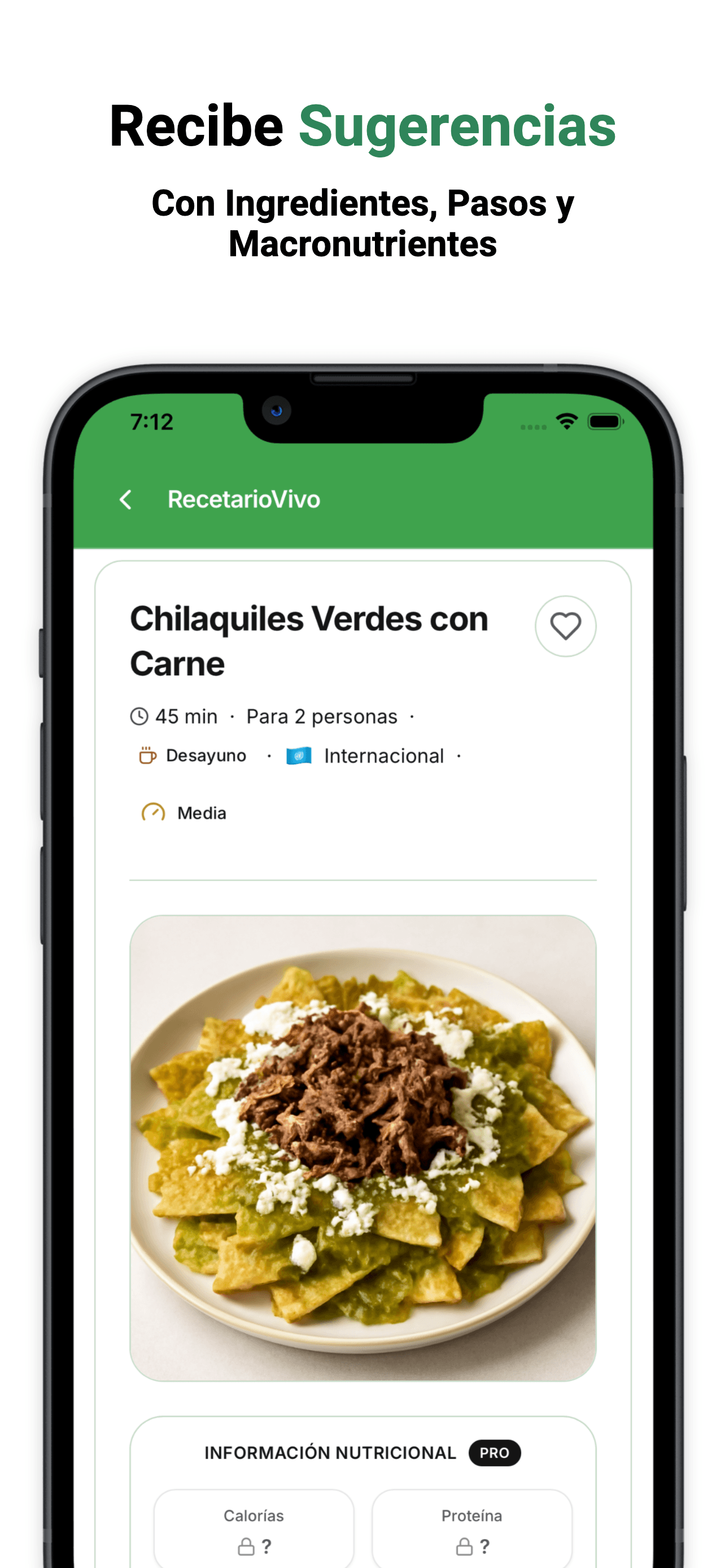 Detalle de receta con ingredientes, pasos e información nutricional.