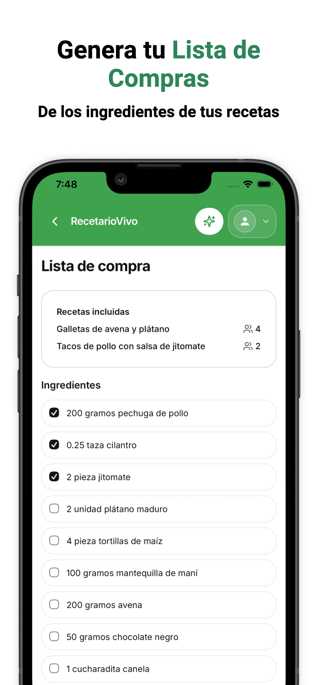 Lista de compra generada a partir de los ingredientes de tus recetas.